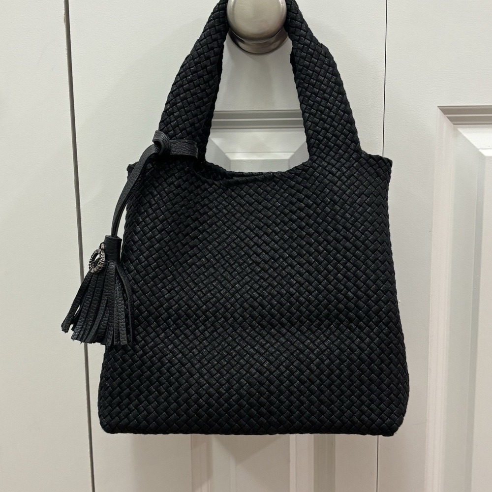 NWOT 120% Lino Italian Black Woven Handbag Mini Tote Logo Tassel